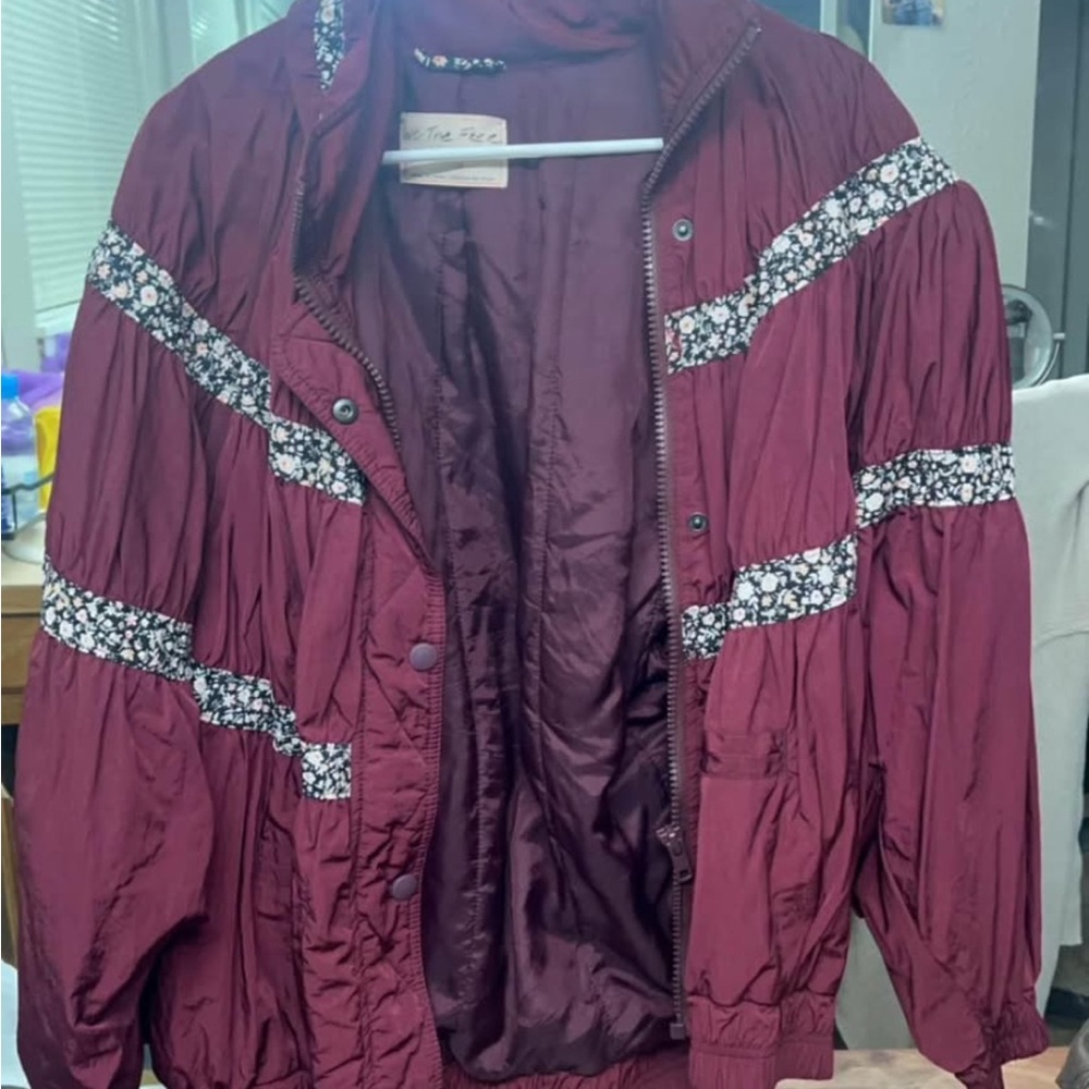 Free People Maroon Bomber Jacket with Floral Accents